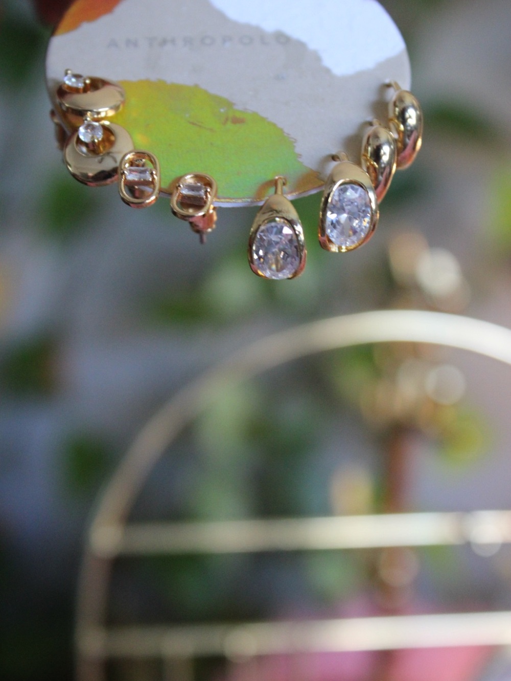 Anthropologie 14K Gold Plated Crystal Mixed Stud & Hoop Earring Set NWT